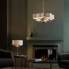 Lampa wisząca abażurowa sześciopłomienna lniana okrągła chromowana minimalistyczna klasyczna HIGHCLERE 99151 ENDON 